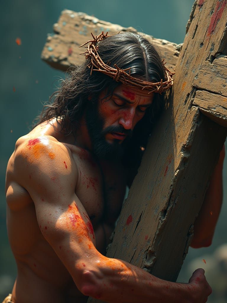 Battered Jesus Christ Carries the Wooden Cross in a Vibrant,...