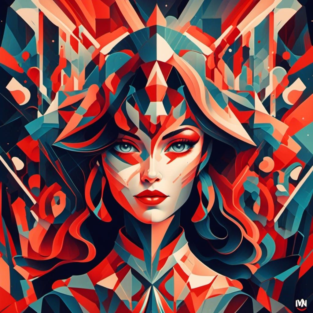 Woman Scientist Superhero in Cubist Art Deco Style