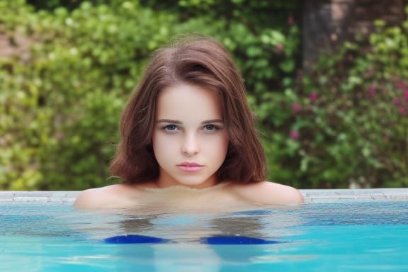 A very pretty young brunette standing in the water at the edge of a swimming pool