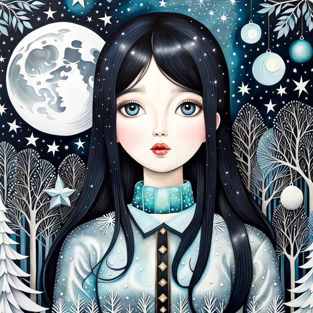 Winter Moonscape House in Art Brut Style