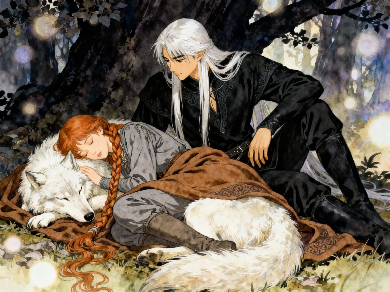 Ethereal Woman and Wolf Sleeping in Enchanted Forest