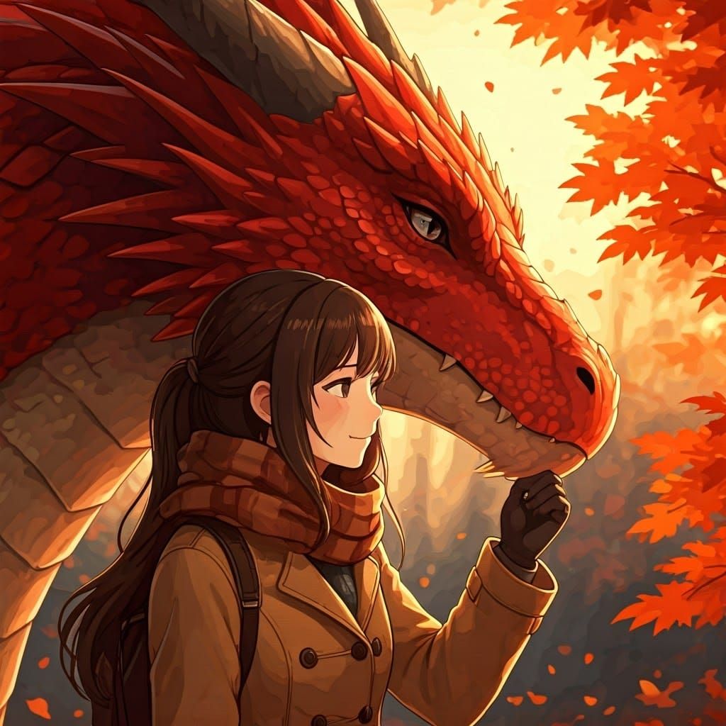 Woman and Red Dragon in Autumn Anime Style