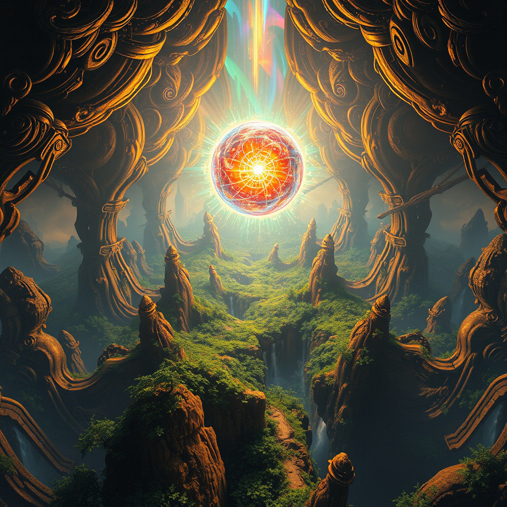 Glowing Energy Orb Above Ancient Landscape