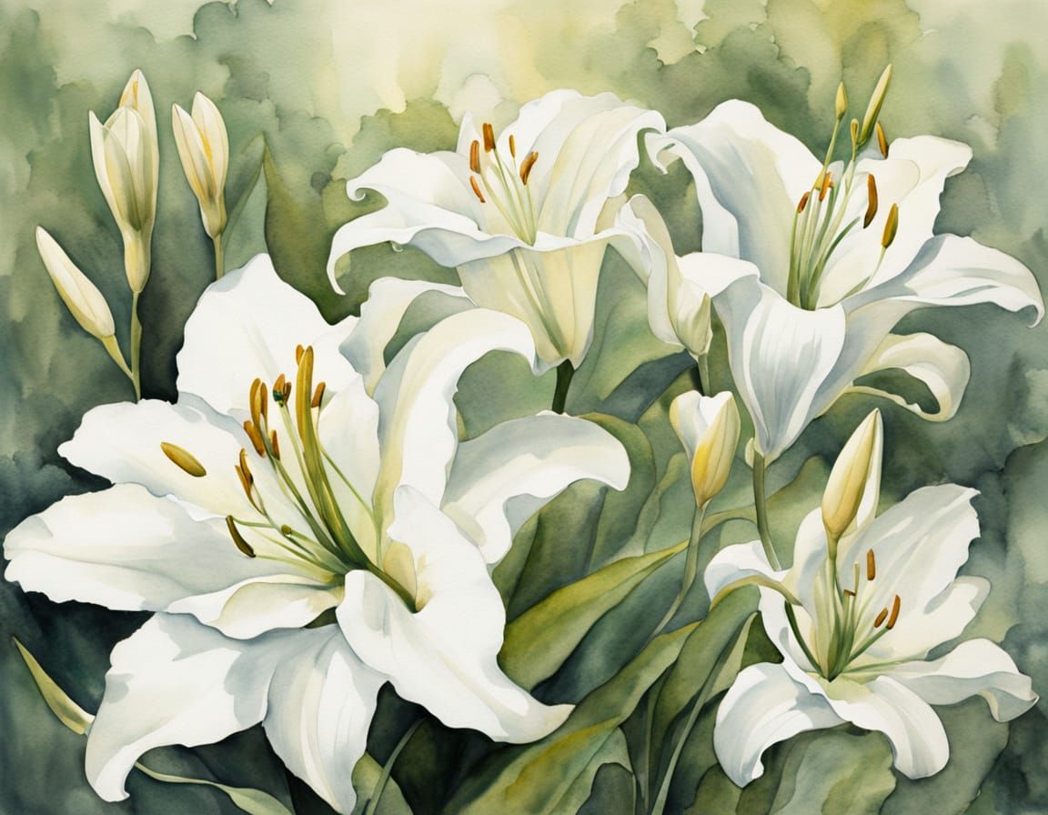 Delicate Watercolor Painting of White Lilies