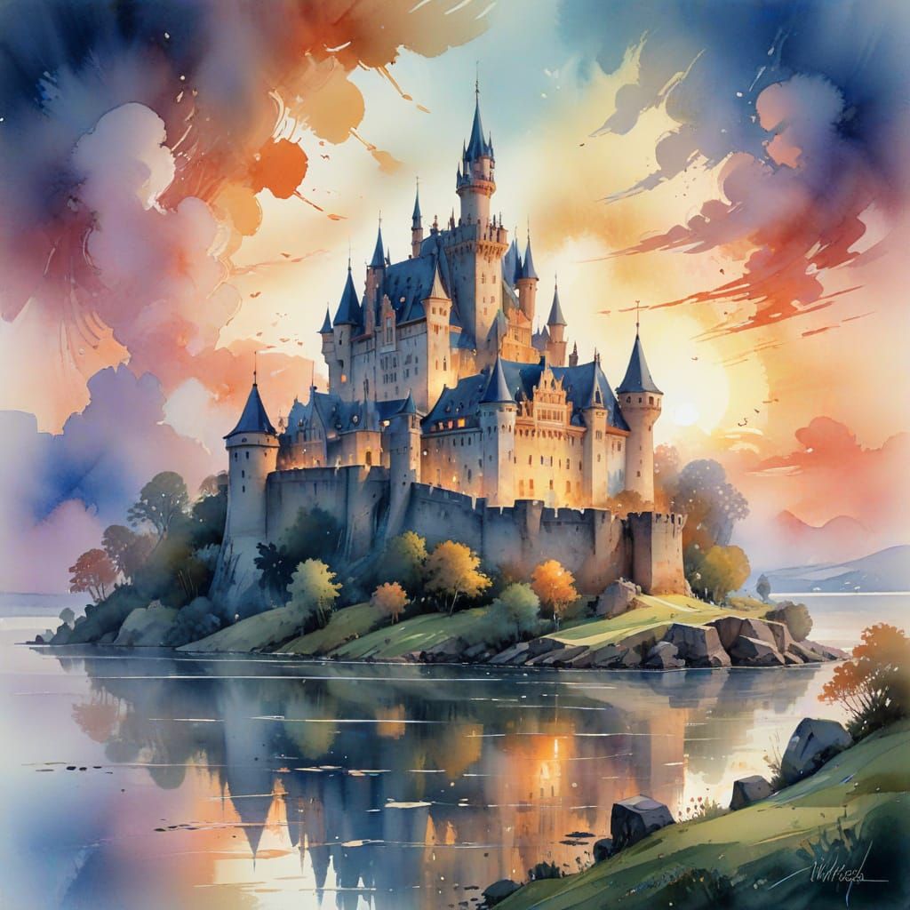 Fairytale Castle at Dawn in Watercolor