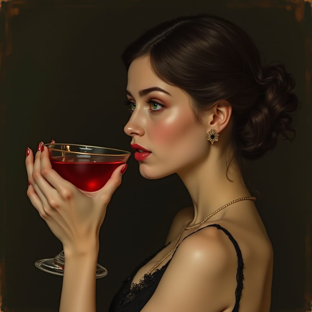 Woman Sipping Cocktail in Art Nouveau Style