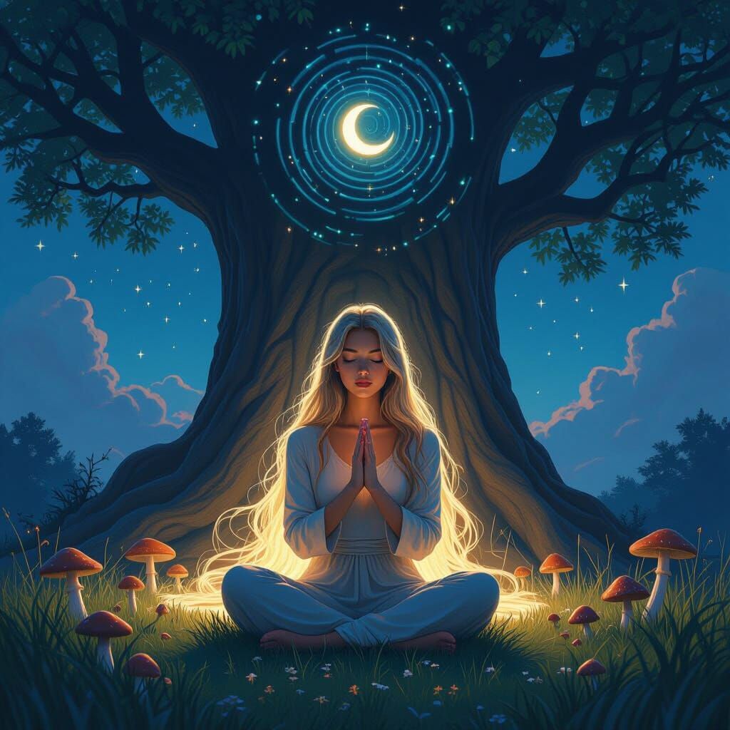 Mystical Woman Meditating Under Cosmic Tree