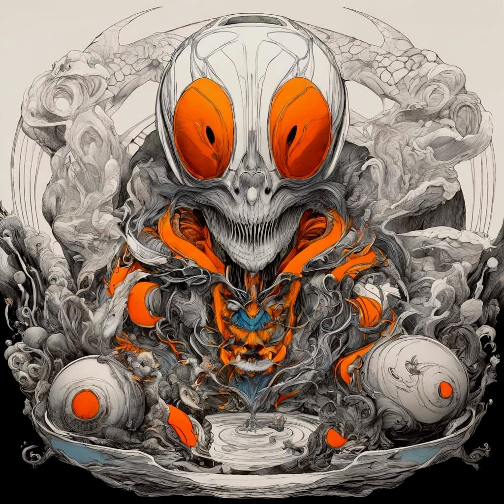 Mysterious Black Alien in Vibrant Orange and Blue Hues