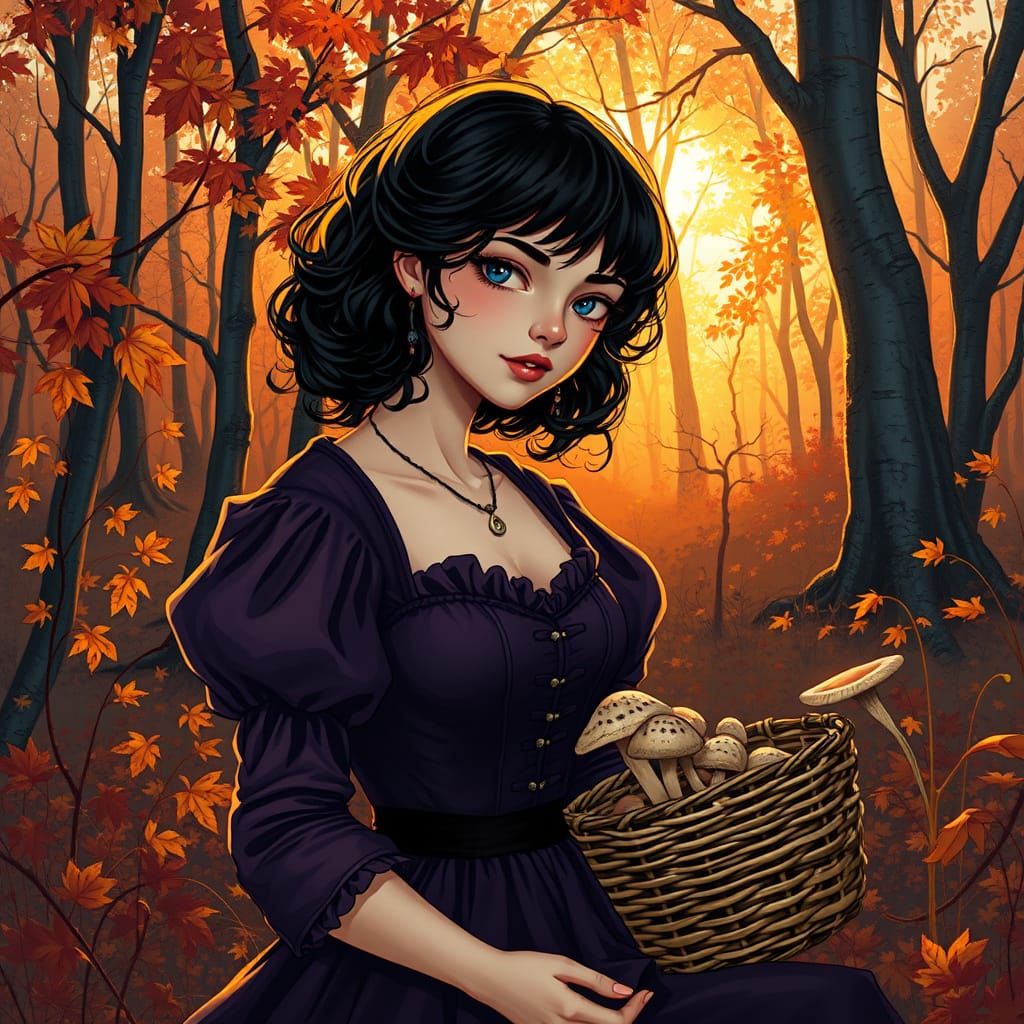 Woman Foraging in Whimsical Autumn Woods