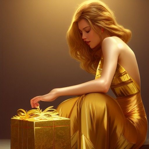 Blonde Woman Opens Gold Gift Box