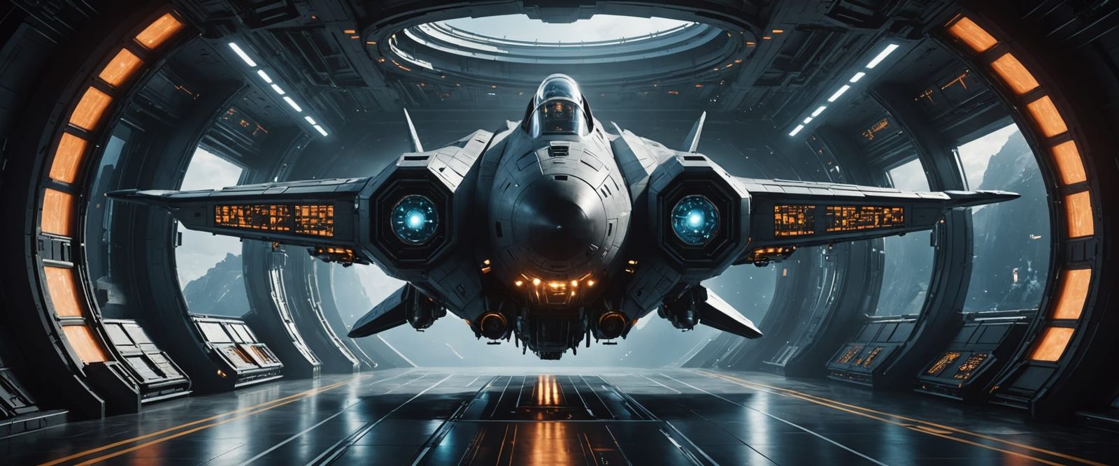 Luxurious Futuristic Spaceship Frigate Lands in Serene Space...