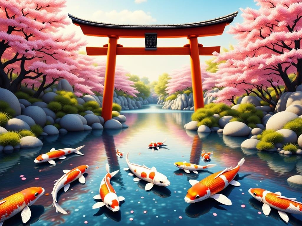 Japanese Lake with Koi in Pastel Pencil Sketch