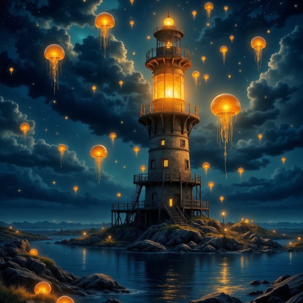 Lighthouse and Jellyfish in a Dreamlike Sky