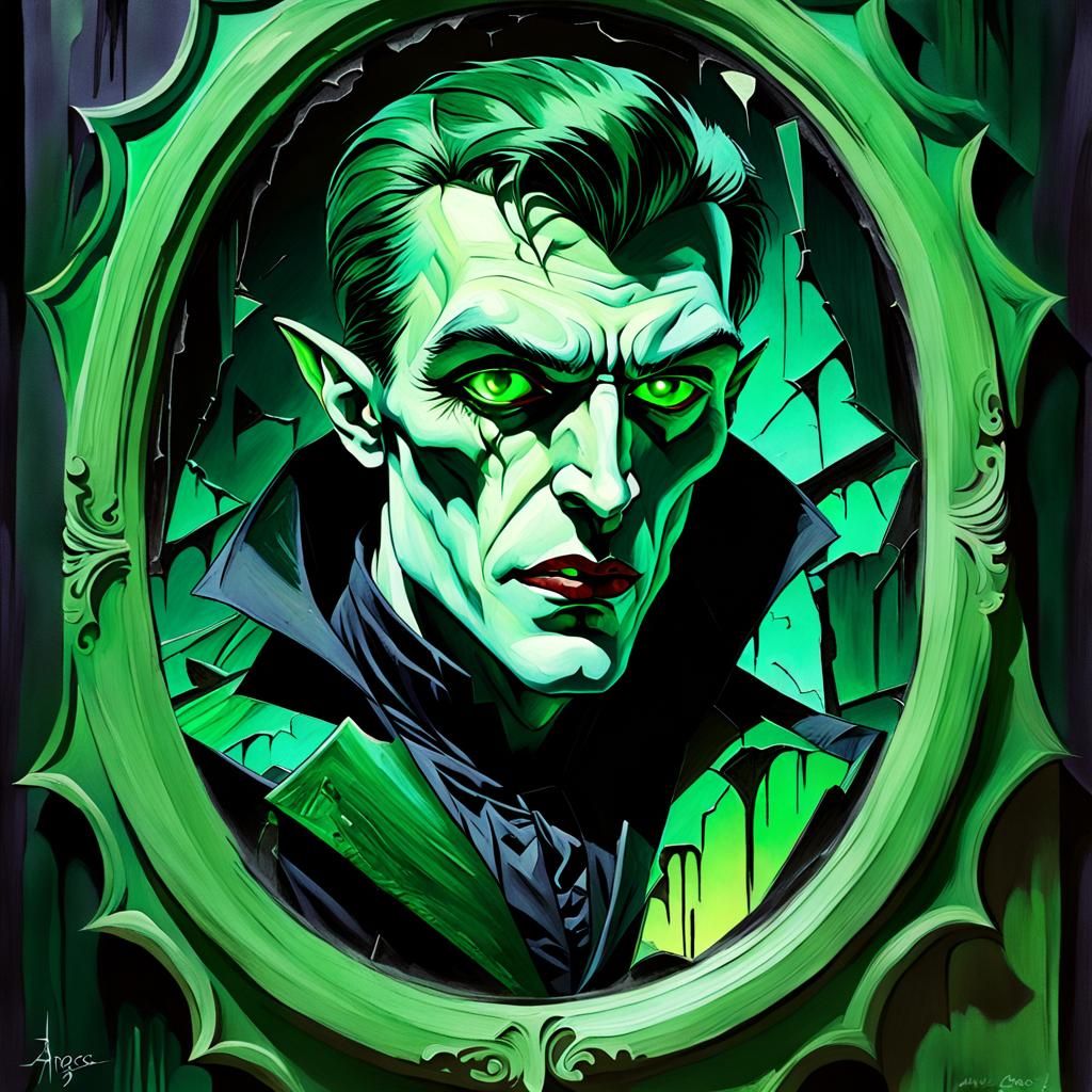 Green Glowing Vampire Portrait in Cubist Style