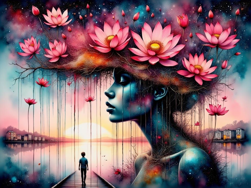 Vibrant Lotus Blooms Amidst Urban Galaxy