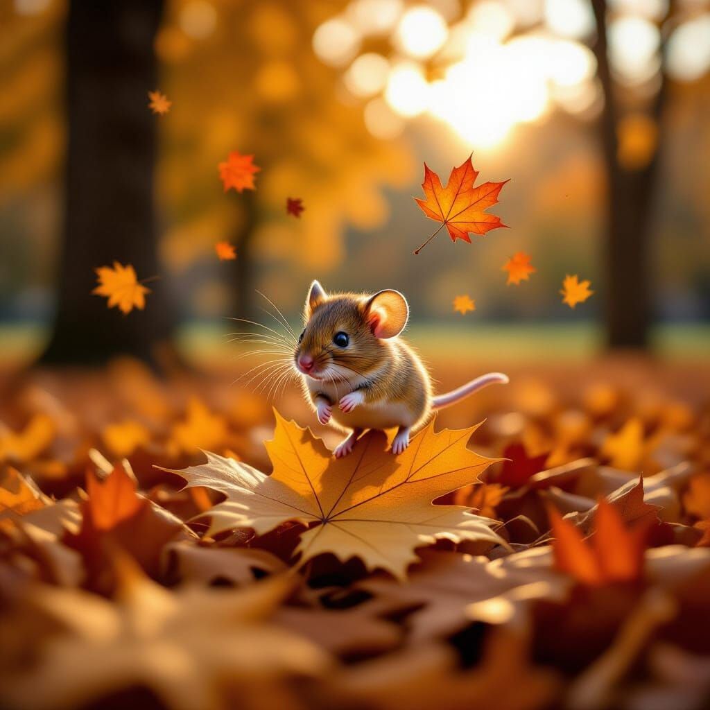 Mouse Gliding on Maple Leaf: Autumn Park Scene