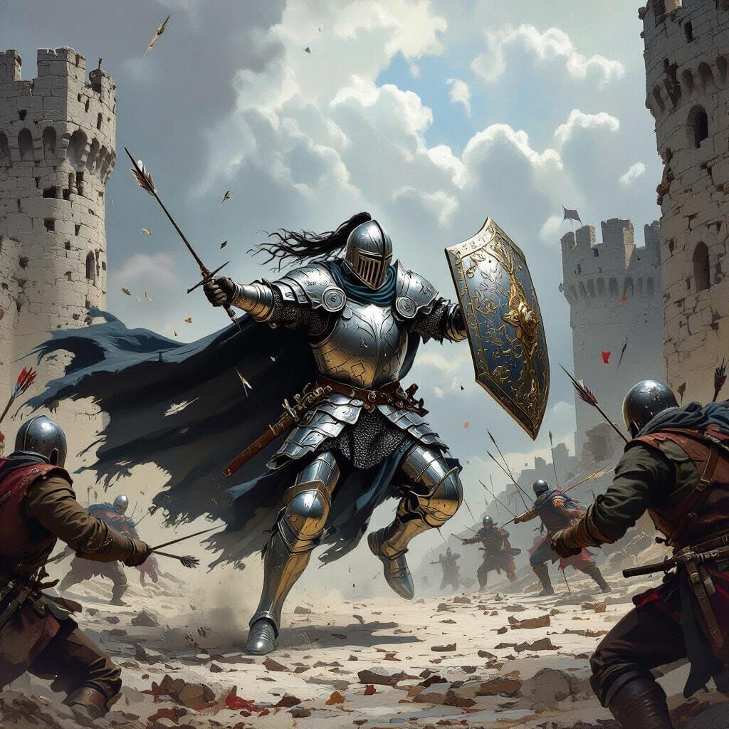 Knight Charges Through Siege-Torn Castle Courtyard