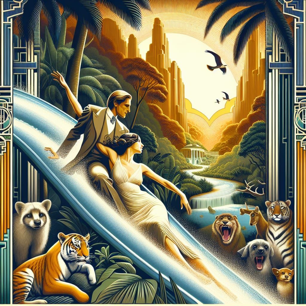 Art Deco Movie Poster: Jungle Waterslide Adventure