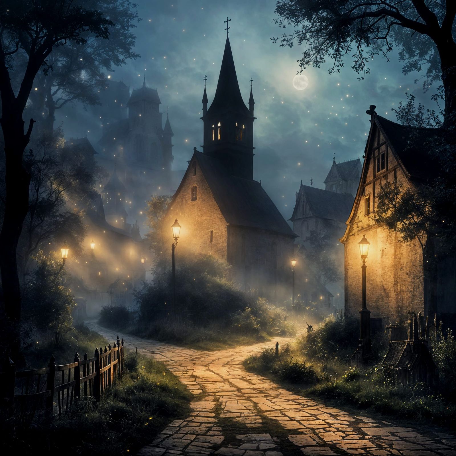 Mysterious Foggy Village at Night