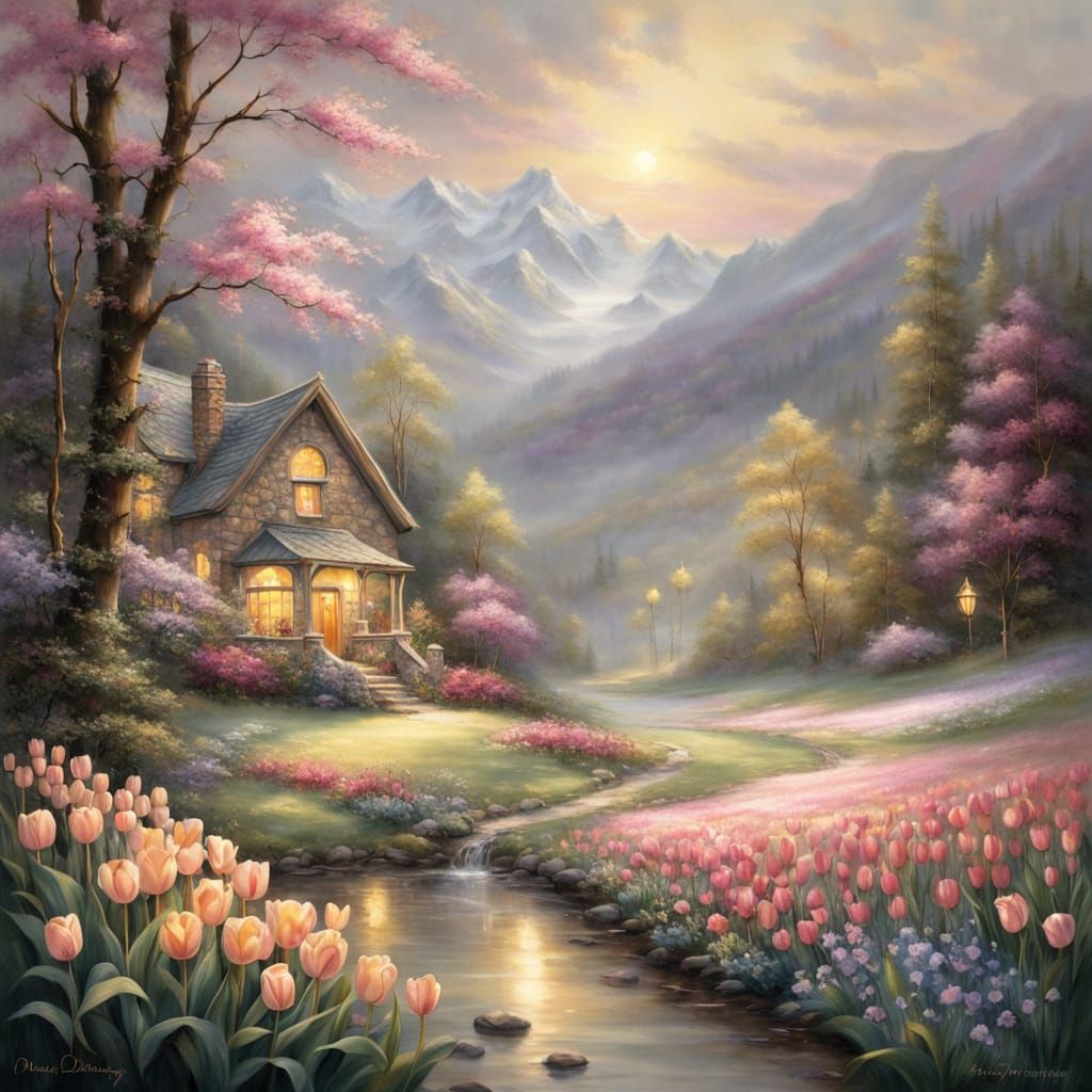 Surreal Landscape Painting of Serene Valley within a Tulip i...