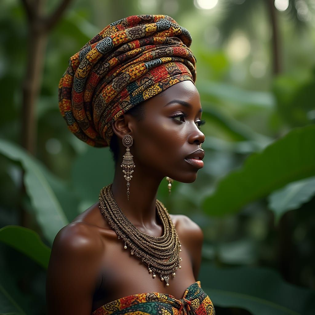 African American Woman in Tribal Jewelry, Hyperrealistic Fas...