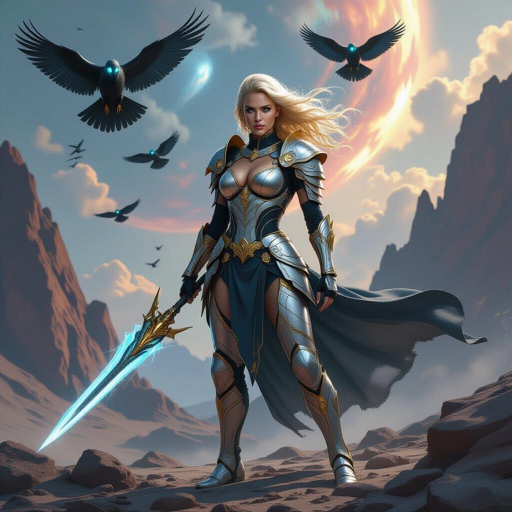 Futuristic Valkyrie with Robotic Ravens in Hyperrealism