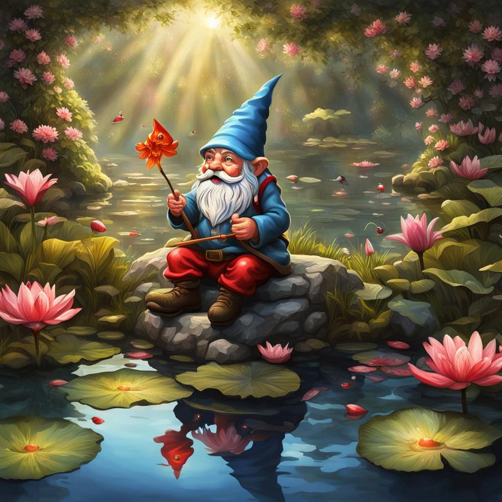 Garden Gnome Fishing by Lily Pond, Digital Art