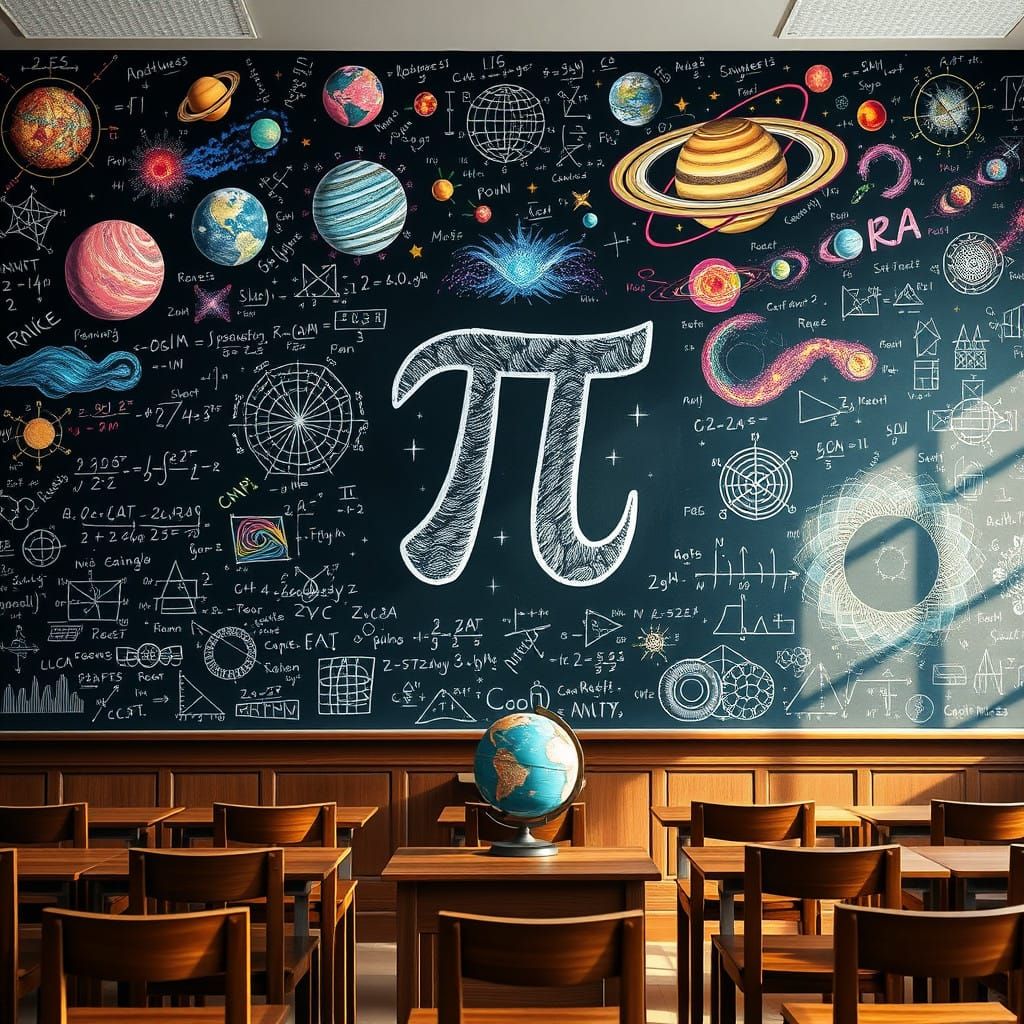 Intricate Classroom Scene with Celestial Imagery and Mathema...