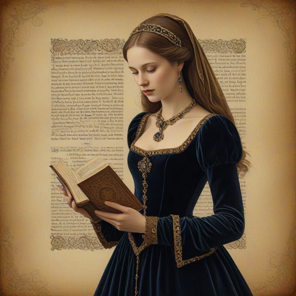 Lady in Velvet Regalia Reading an Ancient Tale