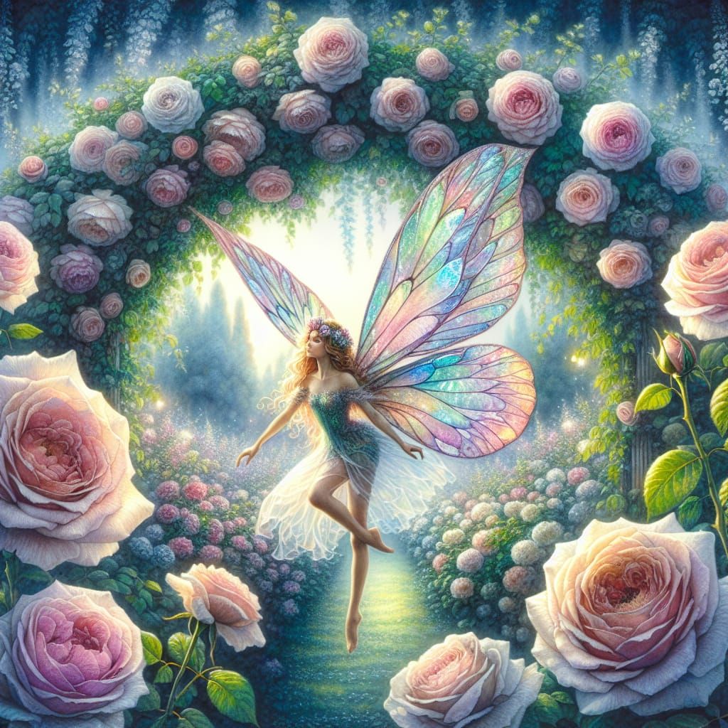 Fairy Walking Through Rose Arch, Watercolor Style