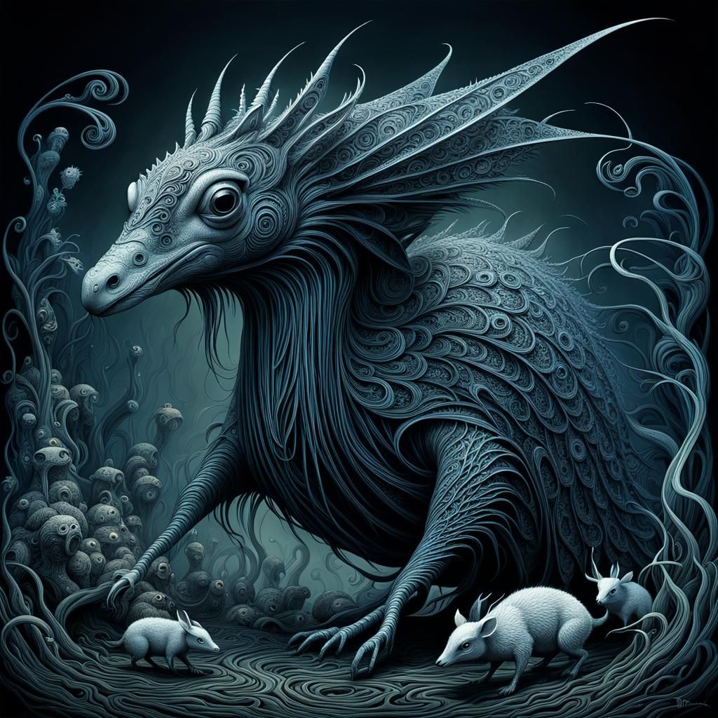 Intricate Creature Under Attack: Maximalist Line Art