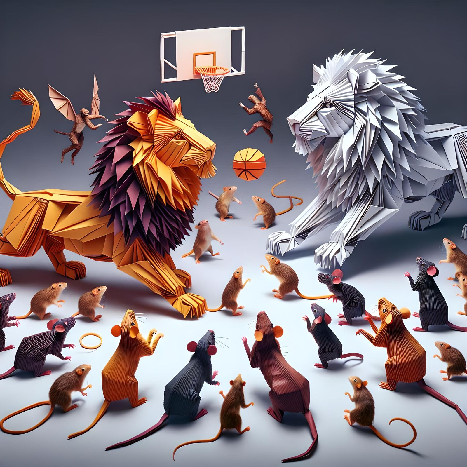Lions Play Basketball in Origami Papercraft Style