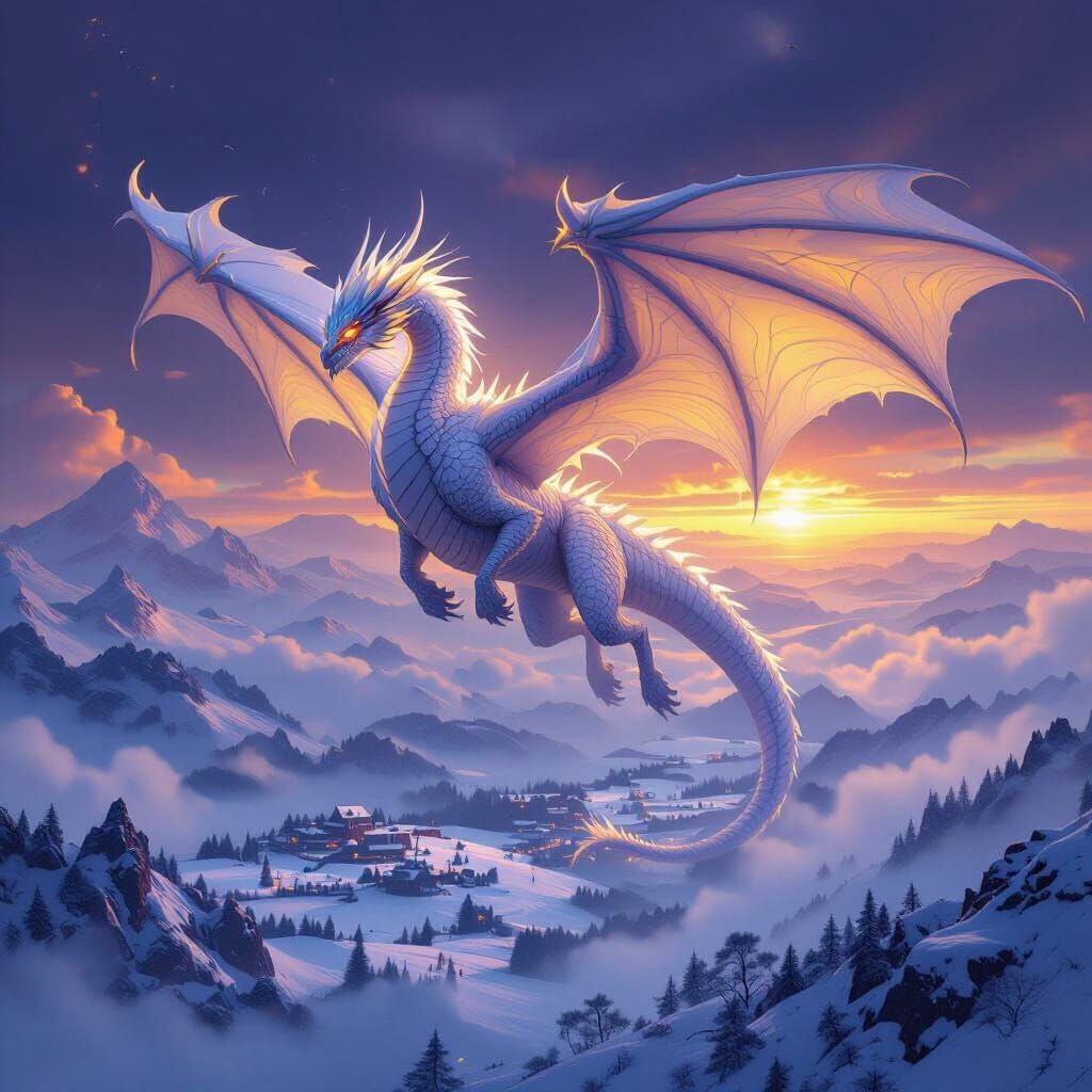 Majestic White Dragon Soaring Over Snowy Lands