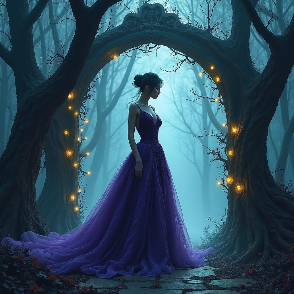 Gothic Victorian Woman in Eerie Nocturnal Landscape