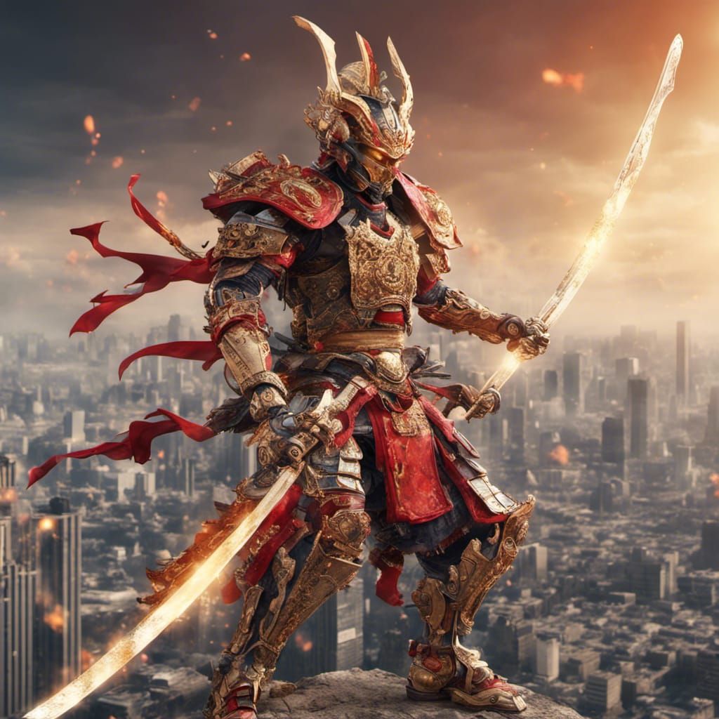 Robotic Samurai with Flaming Sword in Ruined City