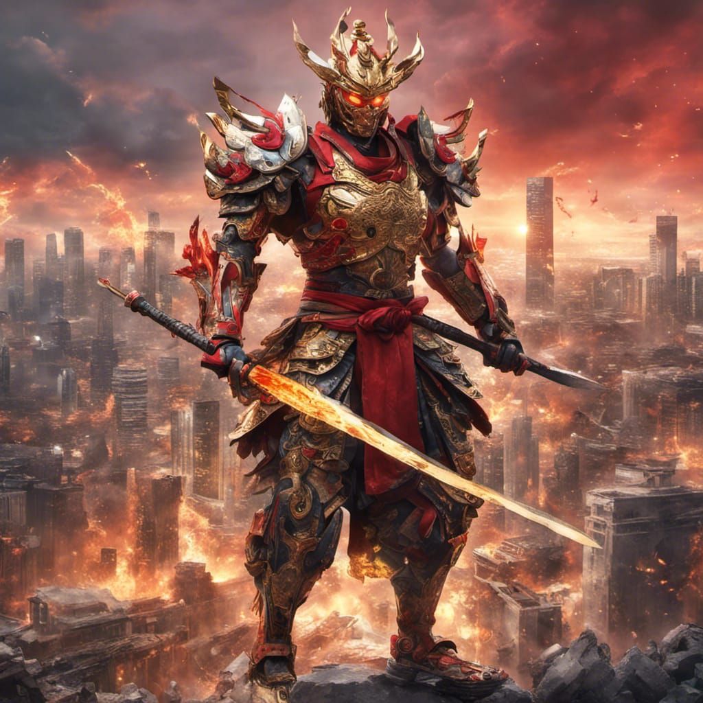 Robotic Samurai Warrior with Flaming Sword