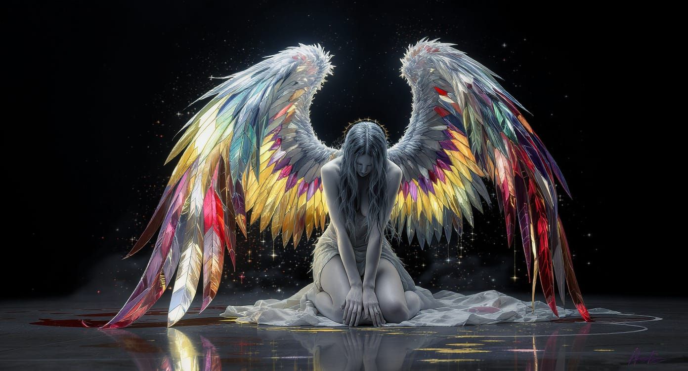 Angel with Stained Glass Wings in Backlight