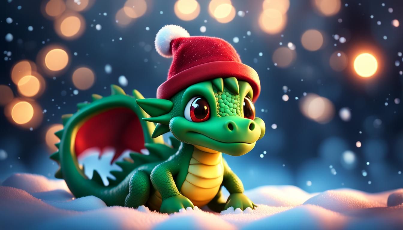 Cartoon Green Dragon in Christmas Hat on Bokeh Background