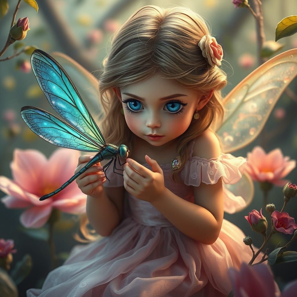 Whimsical Fairy Interacts with Iridescent Dragonfly in Dream...