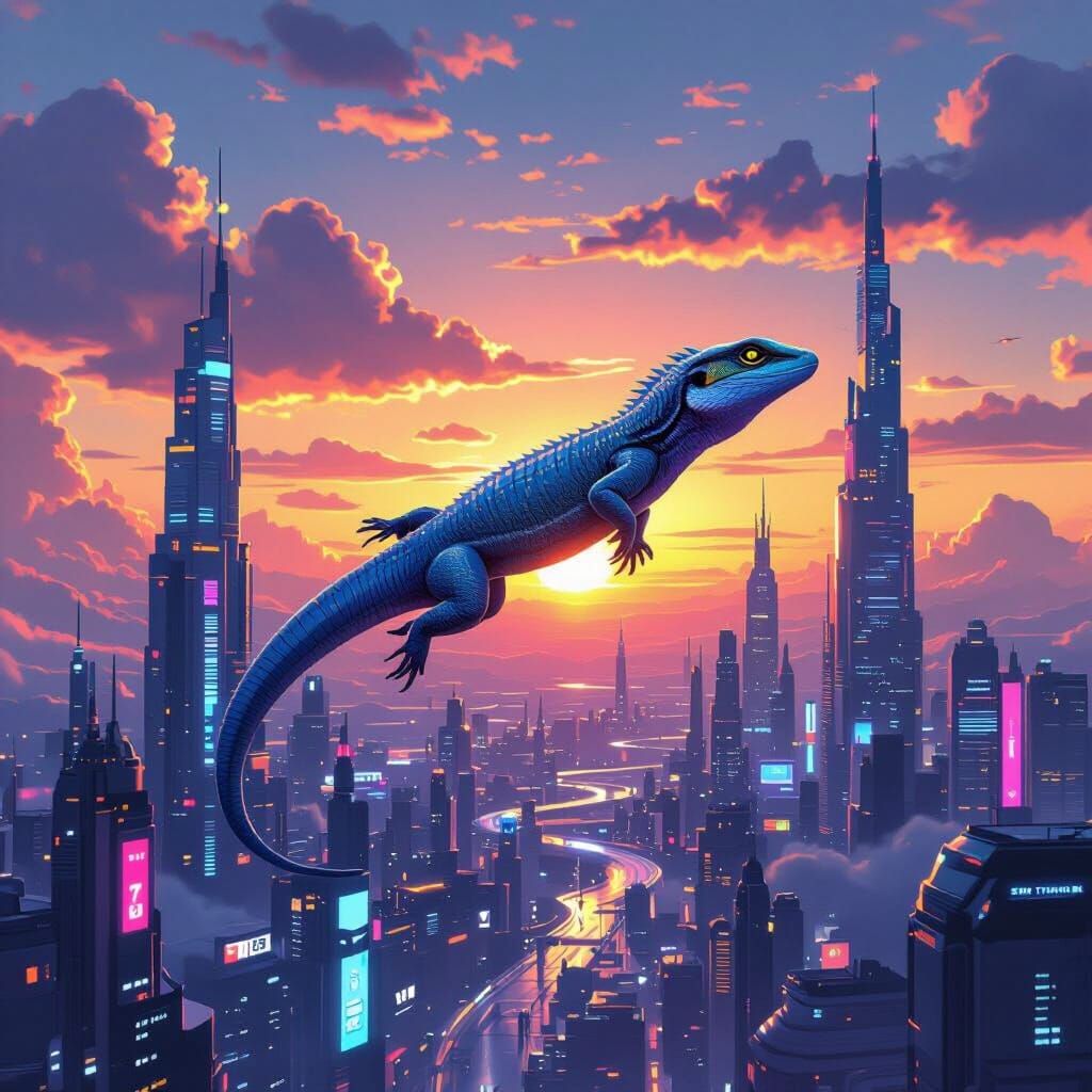 Cloud Lizard Soaring Over Future Cityscape