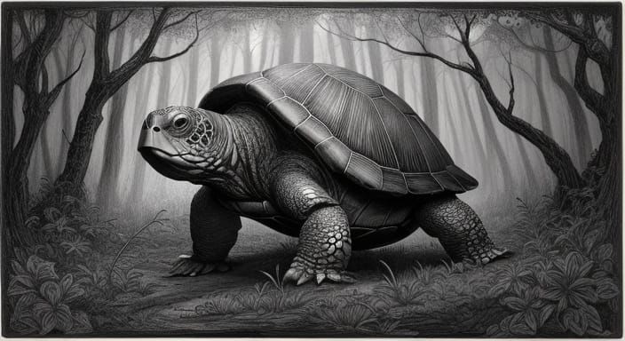 Mysterious Turtle Embarks on a Forest Odyssey in Monochrome
