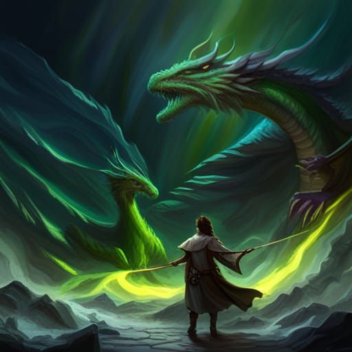 Winged Man Confronts Acid-Spewing Green Dragon