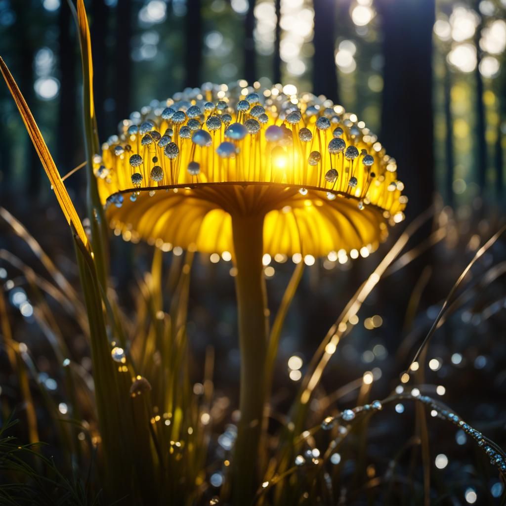 Jeweled Mushroom in Dewy Forest, Macro Photography