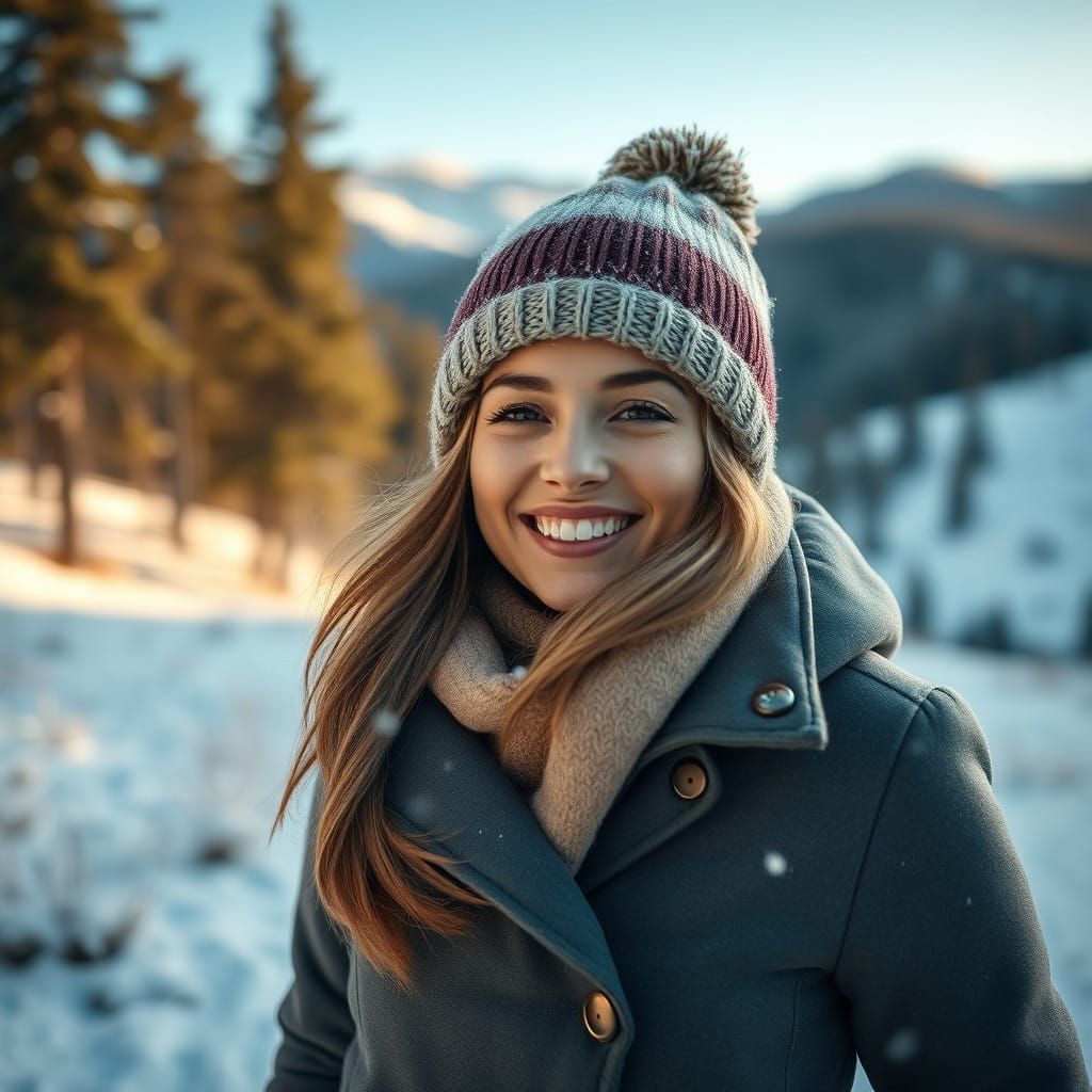 Joyful Woman in Winter Wonderland Landscape