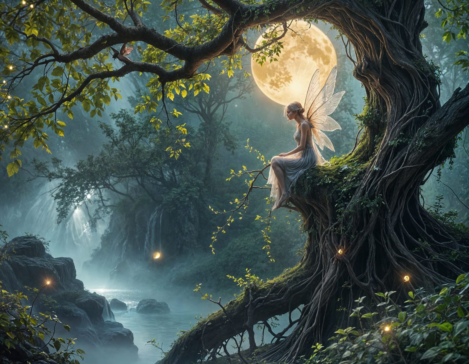 Ethereal Fairy Silhouette Overlooking Moonlit Waterfall