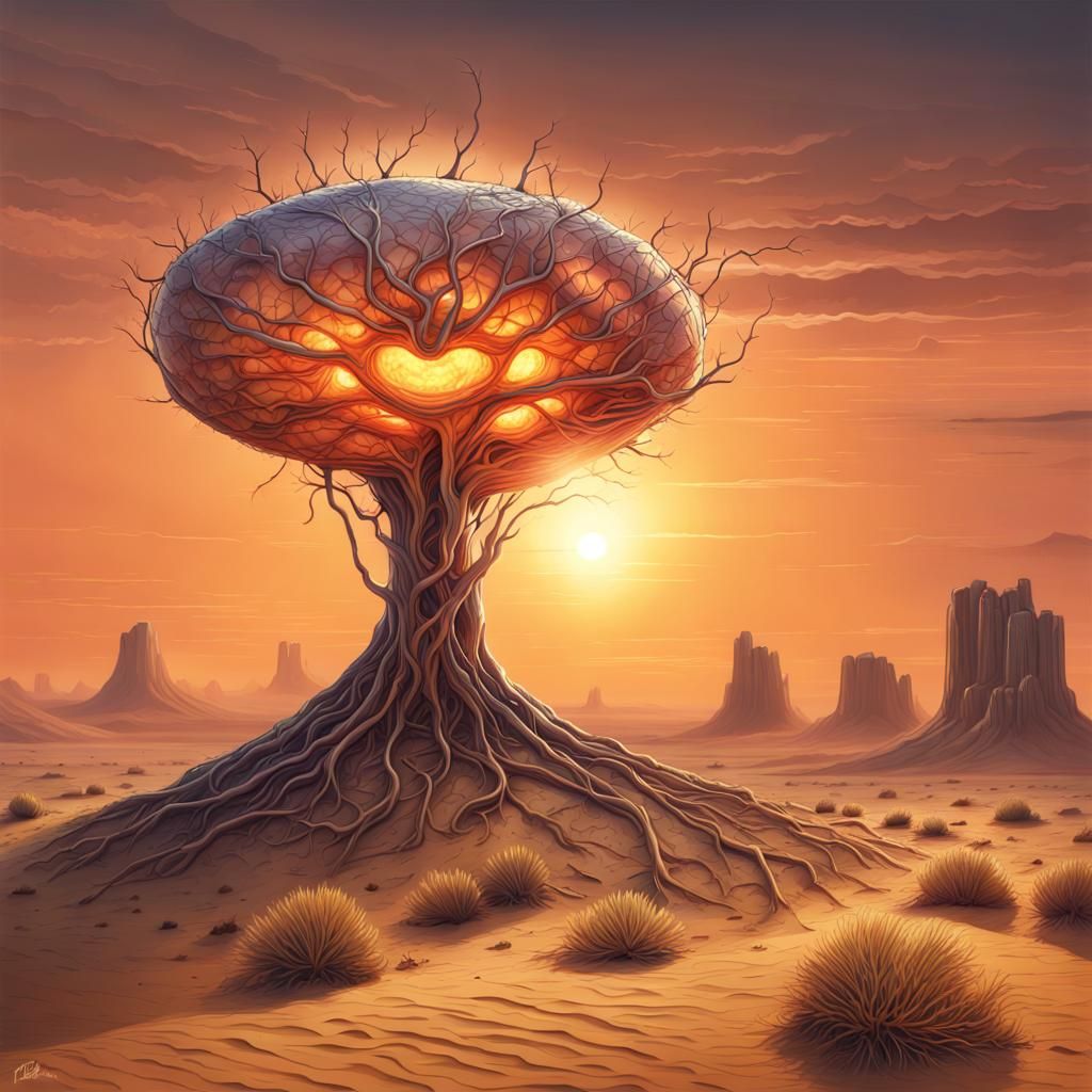 Sci-Fi Desert Sunrise with Neuron and Lava Lamp