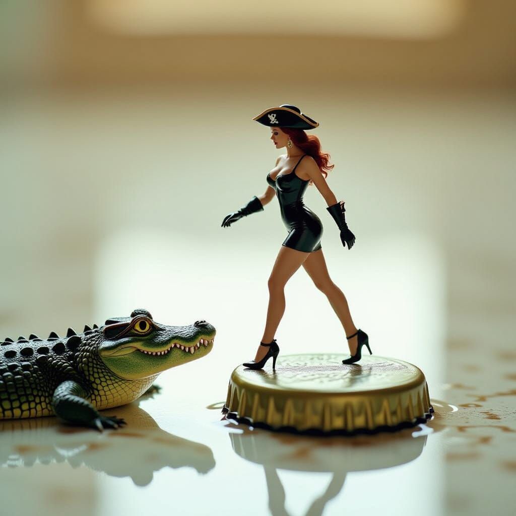 Miniature Pirate Walks Pencil Toward Crocodile Water