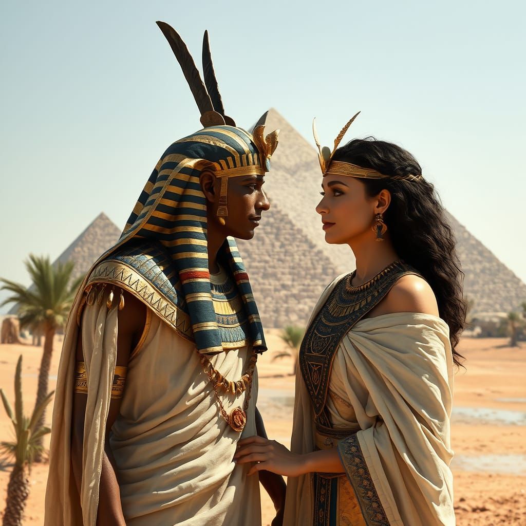 Egyptian Queen and God Horus in Oasis Near Pyramids