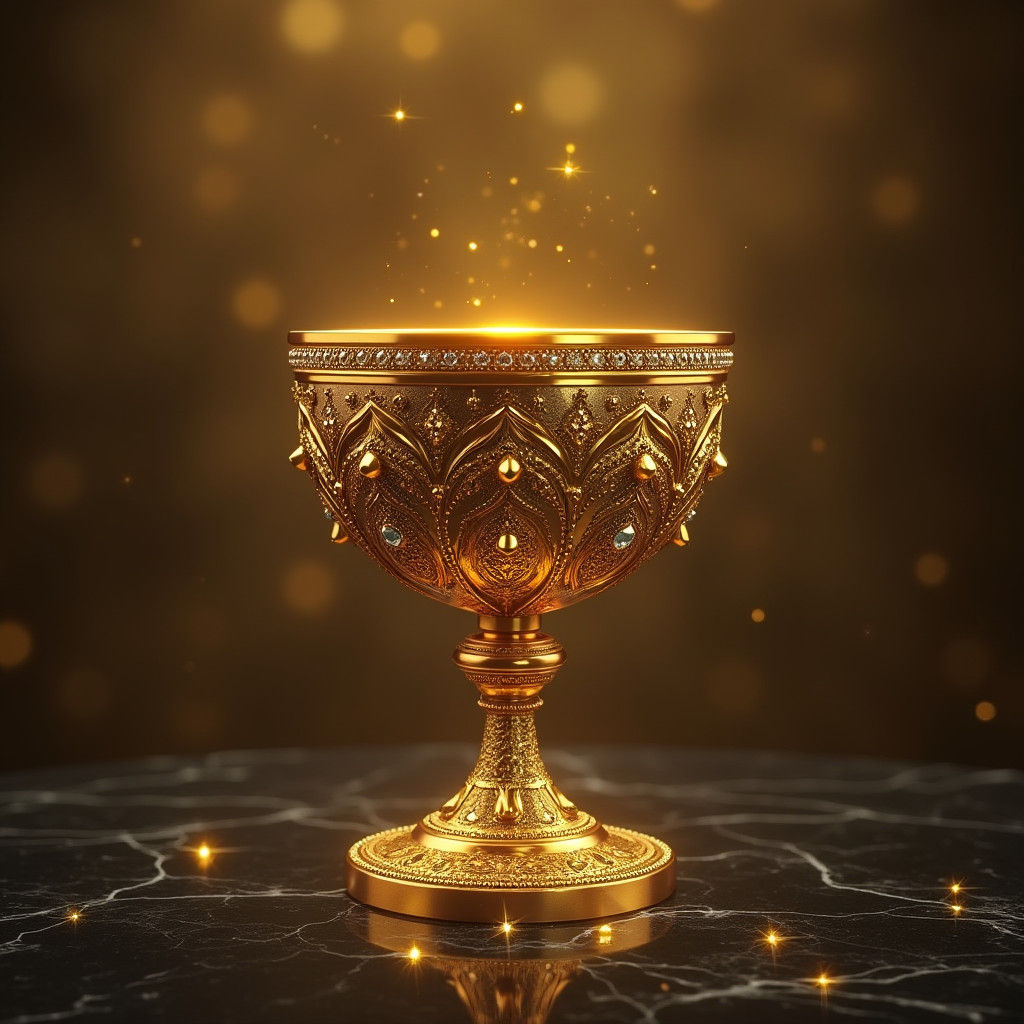 Golden Chalice with Gemstones on Marble, Ultra-Realistic
