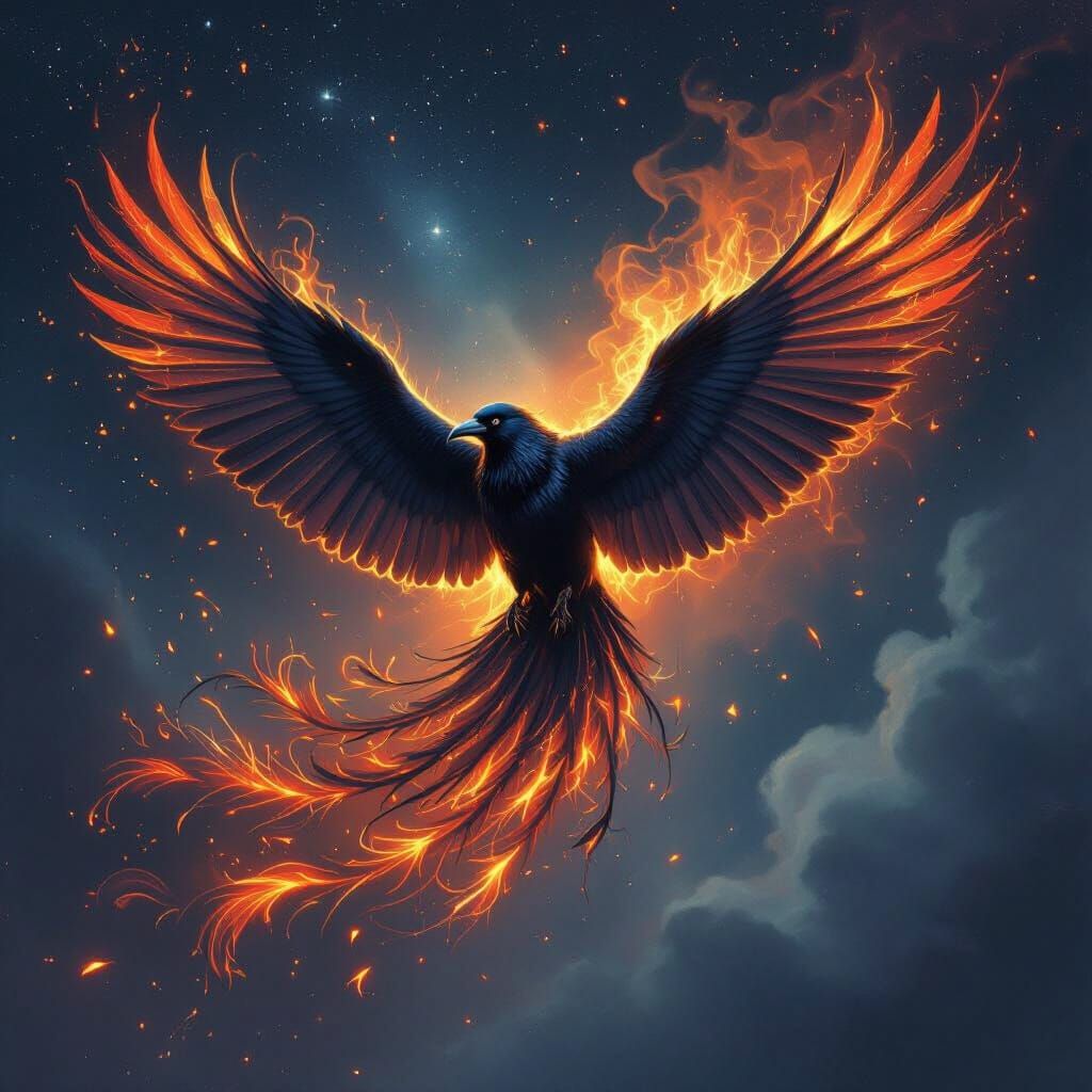 Raven Transforms into Fiery Phoenix in Night Sky